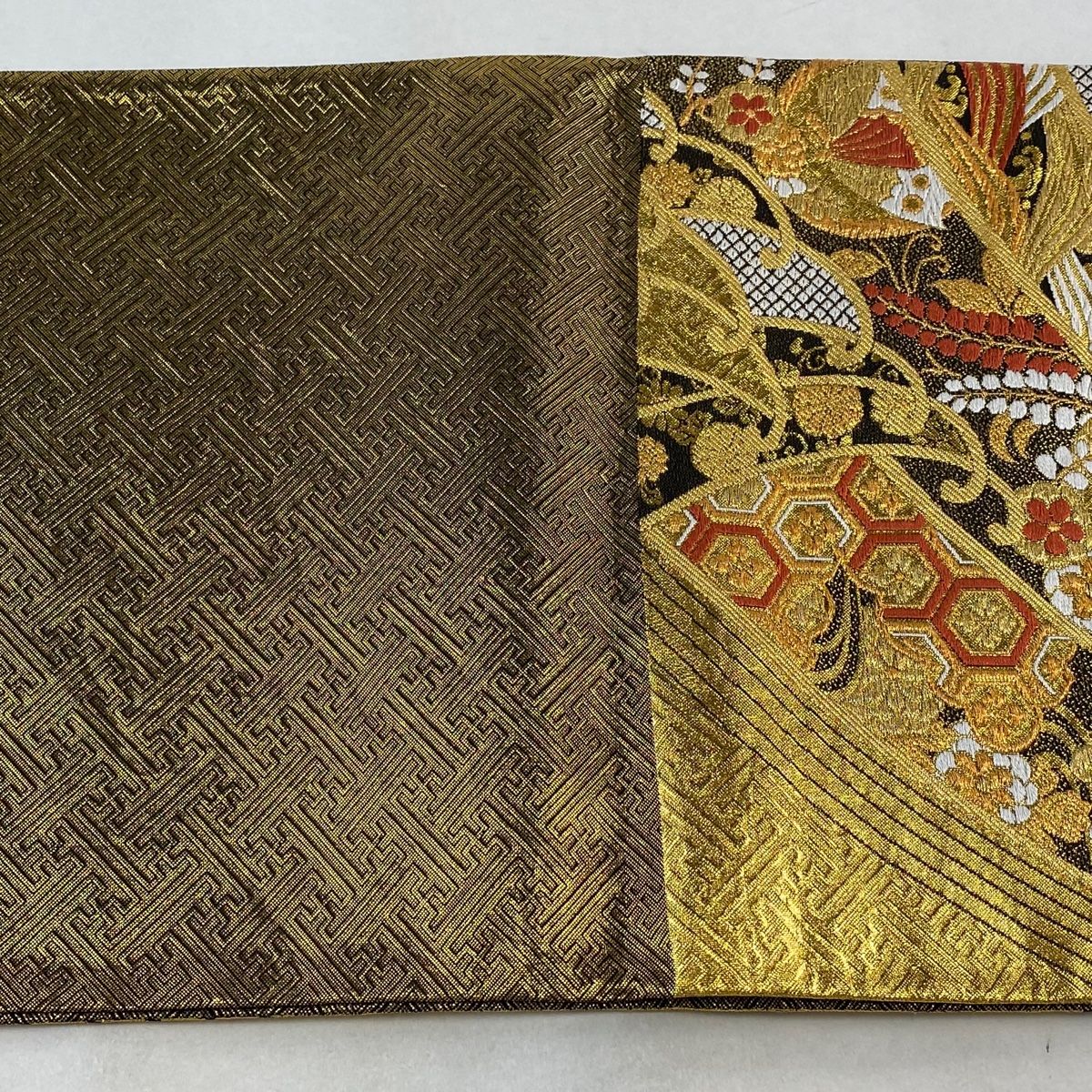 袋帯 秀品 帆船 草花 金糸 箔 金色 六通 正絹 【中古】（袋帯 美