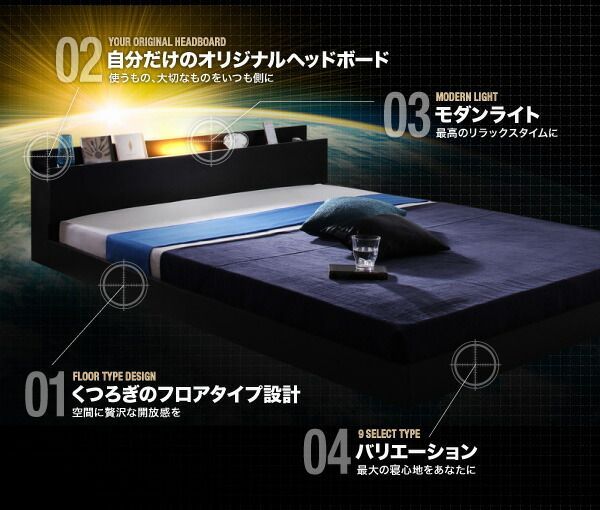 ダブル WW 棚・照明・コンセント付きフロアベッドフレーム(ORO 4661LED