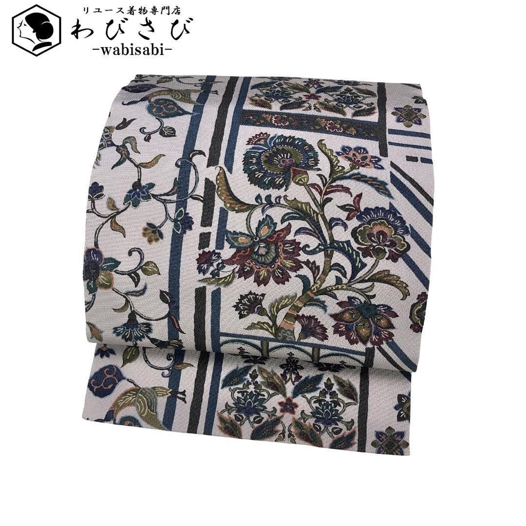 名古屋帯 花唐草模様 鳥 花唐草 縮緬 薄鼠色 O-5477