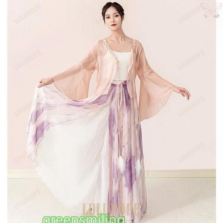 古典舞踊 ダンス衣装 二重シフォン 広がる 大きい裾 スカート スリット 紫プリント ロング丈 ダンス スカート Vネック フリル袖 ショート丈