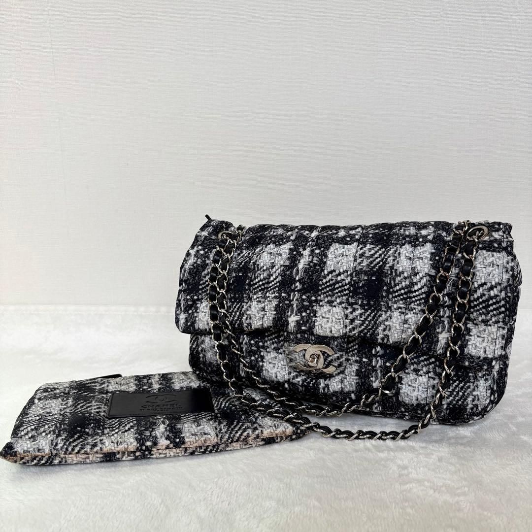 CHANEL ツイードプリント　ナイロン　Wチェーン　ショルダーバッグ　ポーチ付 CHANEL ツイードプリント ナイロン Wチェーン ショルダーバッグ ポーチ