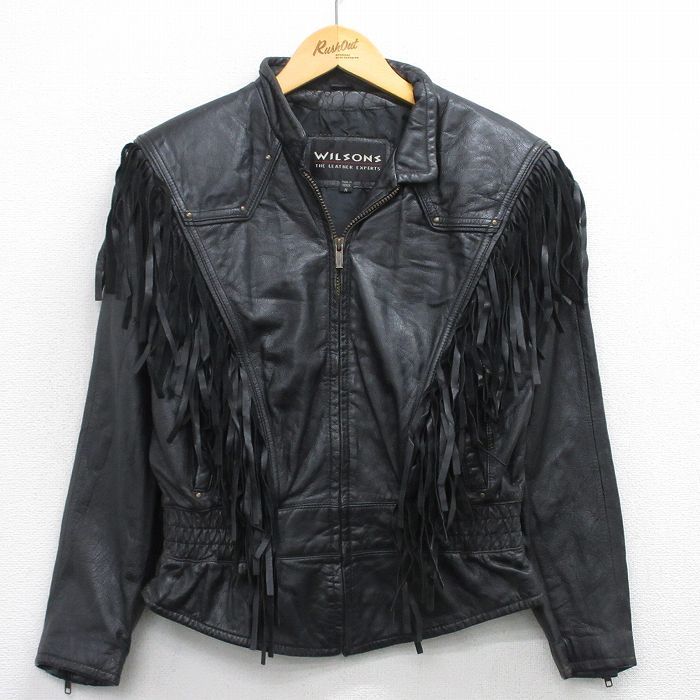 古着 ウィルソン 長袖 レザー ジャケット レディース フリンジ 黒 ブラック 25oct17 アウター 革ジャン 皮ジャン
