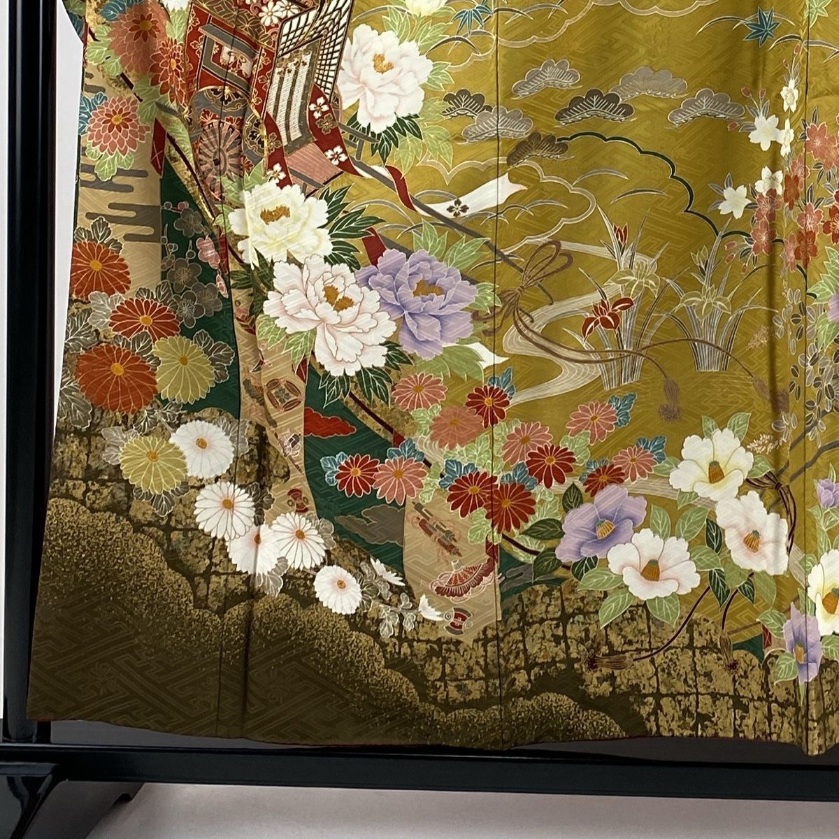 振袖 身丈155cm 裄丈63cm S 袷 御所車 草花 金糸 金彩 山吹茶色