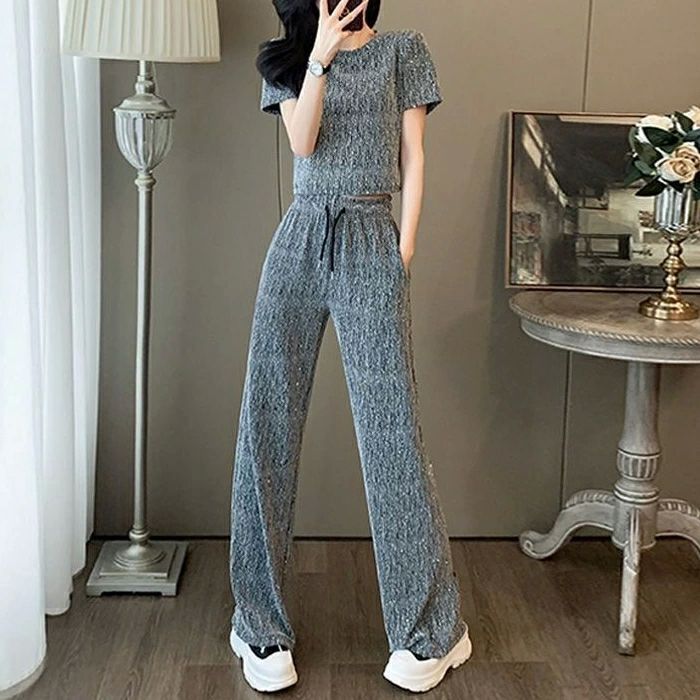 セットアップ 2点セット トップス パンツ スパンコール レディース 半袖 Tシャツ ロングパンツ カジュアル エレガント スポーティ 大人 リラックス おし zzr033113433140