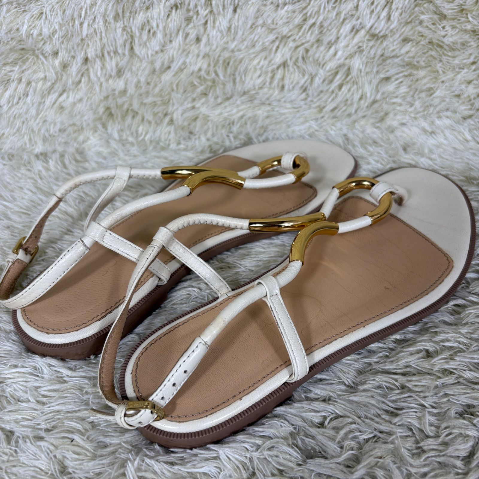 セルジオロッシ トングサンダル ホワイト レザー ゴールド金具 ストラップ EU35 Sergio Rossi Thong Sandals White Leather G Hardware Strap