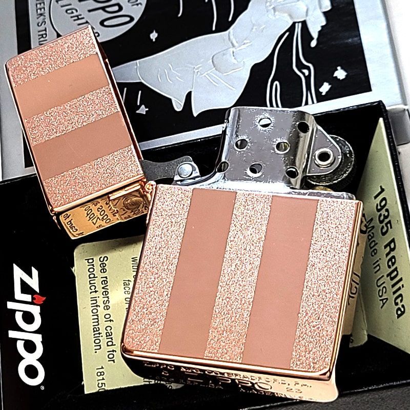 ZIPPO ライター 1935復刻 ピンクゴールドライン 両面加工 ジッポ 鏡面