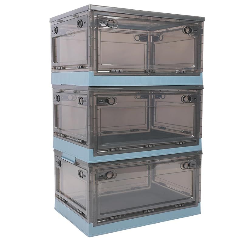 YOGOTO 折りたたみ 収納ボックス 蓋付き 厚手プラスチック製 大容量 透明 コンテナ 積み重ねOK 全方向取り出し 衣類 布団 おもちゃ 小物収納 防塵 防湿 防カビ 家庭用 車載用 ブルー 3個セット XXL 1