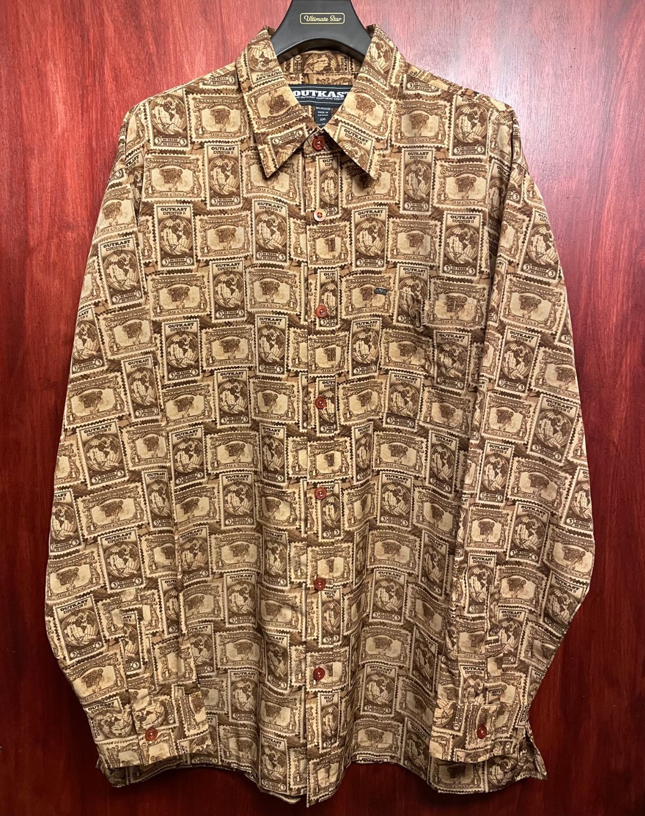 THE OUTKAST CLOTHING COMPANY 長袖総柄シャツ ブラウン XXLサイズ