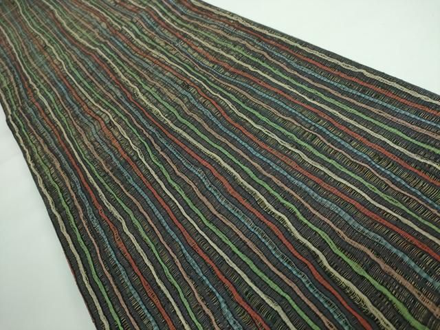 平和屋本店■極上　本場筑前博多織　草木染　手織工房　染匠：小森久　両面　全通柄袋帯　よろけ縞　間道　金糸　逸品　DZAA5196kh5 平和屋本店□極上 本場筑前博多織 草木染 手織工房 染匠：小森久 両面