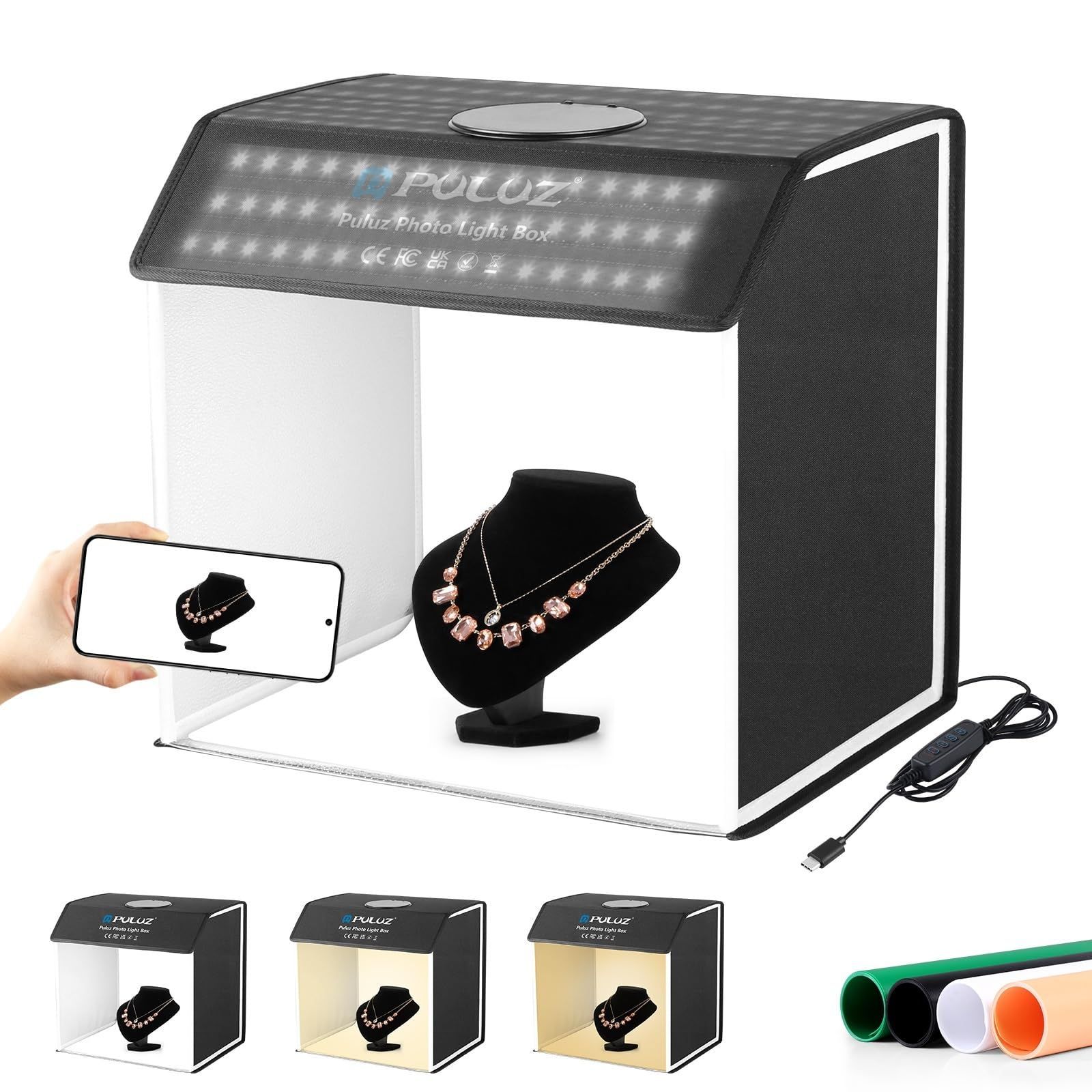 PULUZ 撮影ボックス 42×42×32cm 撮影ブース 折り畳み 物撮りセット 320個LEDビーズ 超高輝度 3色温度 無段階調光 4色PVC背景 ディフューザー付き 卓上写真撮影キット 物撮り用ボックス プラモデル 撮影ブース 携帯便利-組立簡単