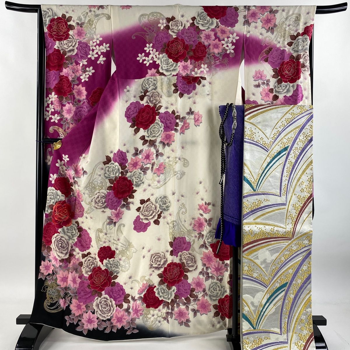 振袖 身丈164cm 裄丈66cm M 袷 袋帯フルセット 落款 薔薇 草花 刺繍 箔 クリーム 正絹 名品