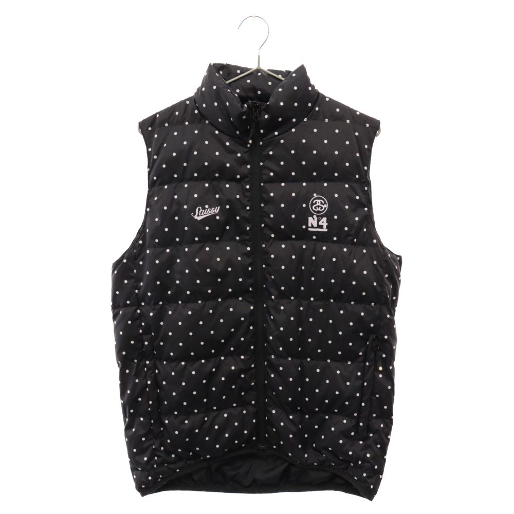 STUSSY (ステューシー) ドット柄 ナイロンパファーベスト ブラック ロゴプリント