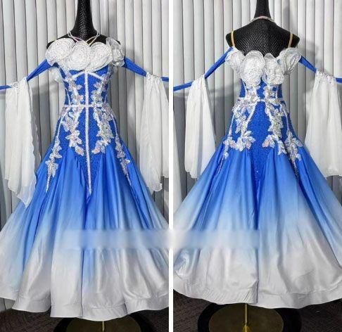 水色オフショルダー社交ダンスドレス スタンダードドレスモダン