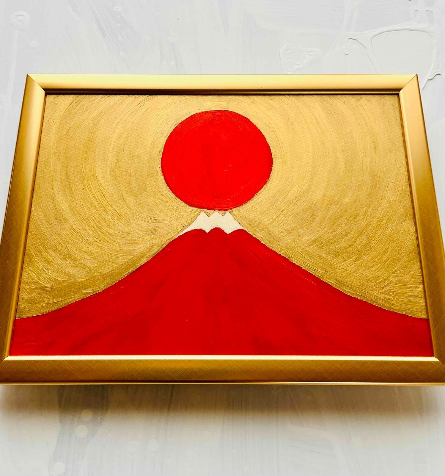 肉筆油絵○富士吉田からの金の赤富士山○がんどうあつし直筆絵画SM油彩