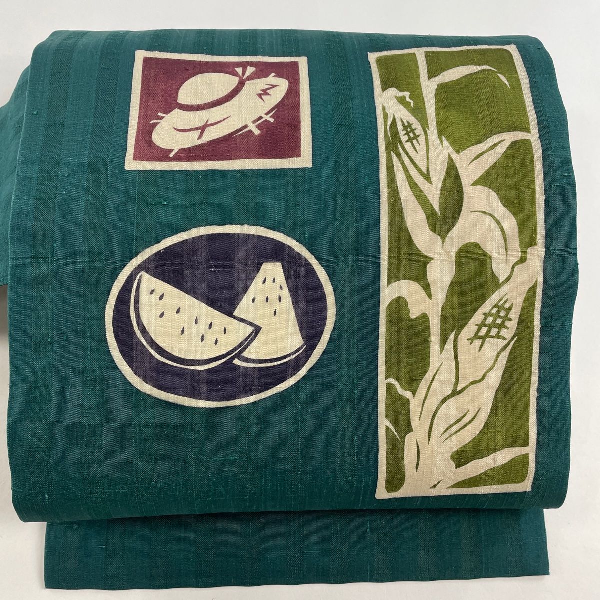 名古屋帯 名品 夏帯 紬地 とうもろこし スイカ 緑 正絹 【】