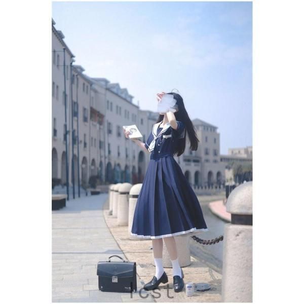 ワンピース チュニック ひざ丈 半袖 レトロ レトロ感 セーラー服
