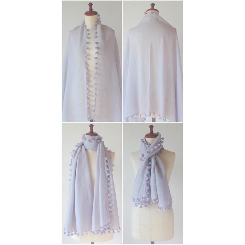 彡ポンポン ストール スカーフ レディース 春 秋 冬 大判 無地 ウール シルク Pompom ライトグレー .a all over the world シルバー 1