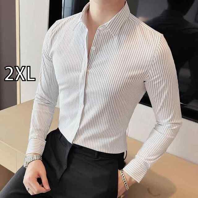 [2XL]秋冬 メンズ  服 シンプル ファッション オシャレ 大人 かっこいい 大きいサイズ ストリート 紳士服  ビジネス スリム ハイエンド 隠しボタン ストライプ シャツ 長袖 カジュアル フォーマル 白 シャツ 