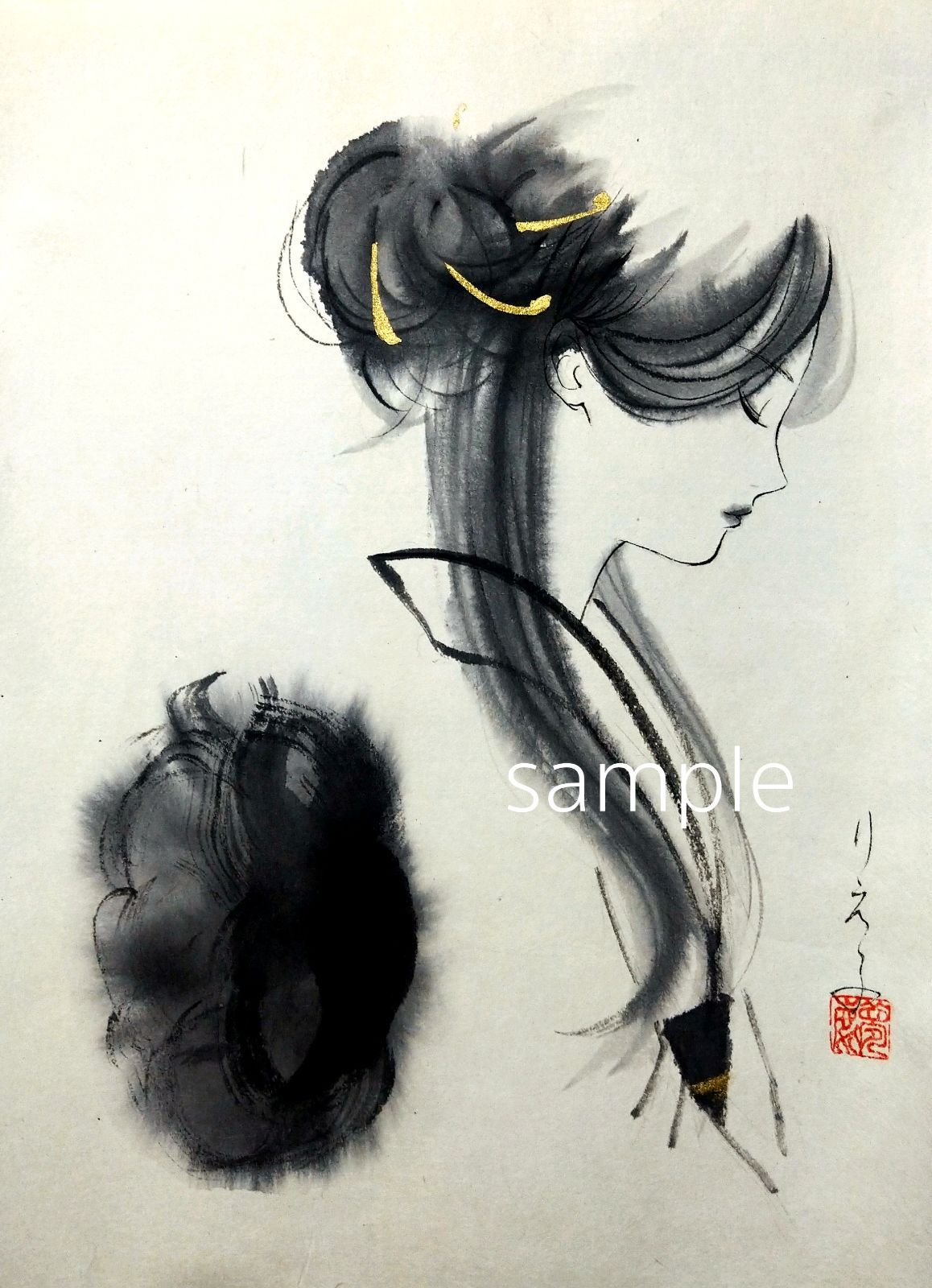 絵画 墨絵 肉筆原画 水墨画 日本画 美人画 和装 - 美術品