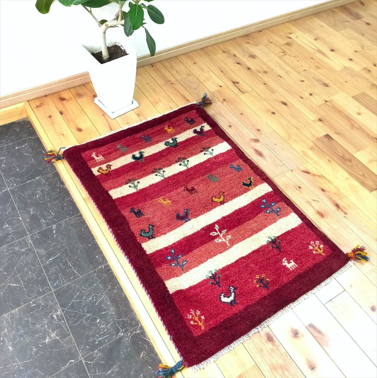 ペルシャ ギャッベ 玄関マット 90x60cm 鳥 茜色 桃色 ボルドーカラー