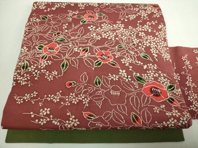 染め九寸名古屋帯（抽象花文）長367 全通総柄　正絹美品 平和屋着物▽全通柄九寸名古屋帯 型染め 草花文 正絹