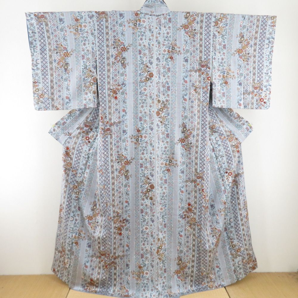 小紋 椿に桜文様 箔 袷 広衿 黄土色 正絹 カジュアル着物 仕立て上がり