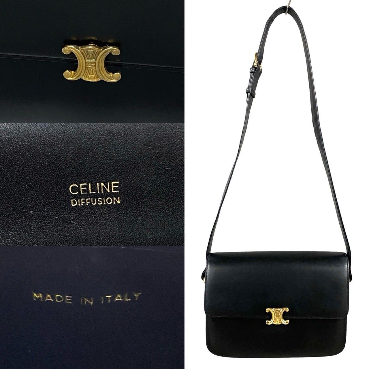 極 美品 CELINE セリーヌ ヴィンテージ トリオンフ ロゴ 金具 カーフ レザー 本革 ショルダーバッグ ポシェット ブラック 黒 55710  - メルカリ