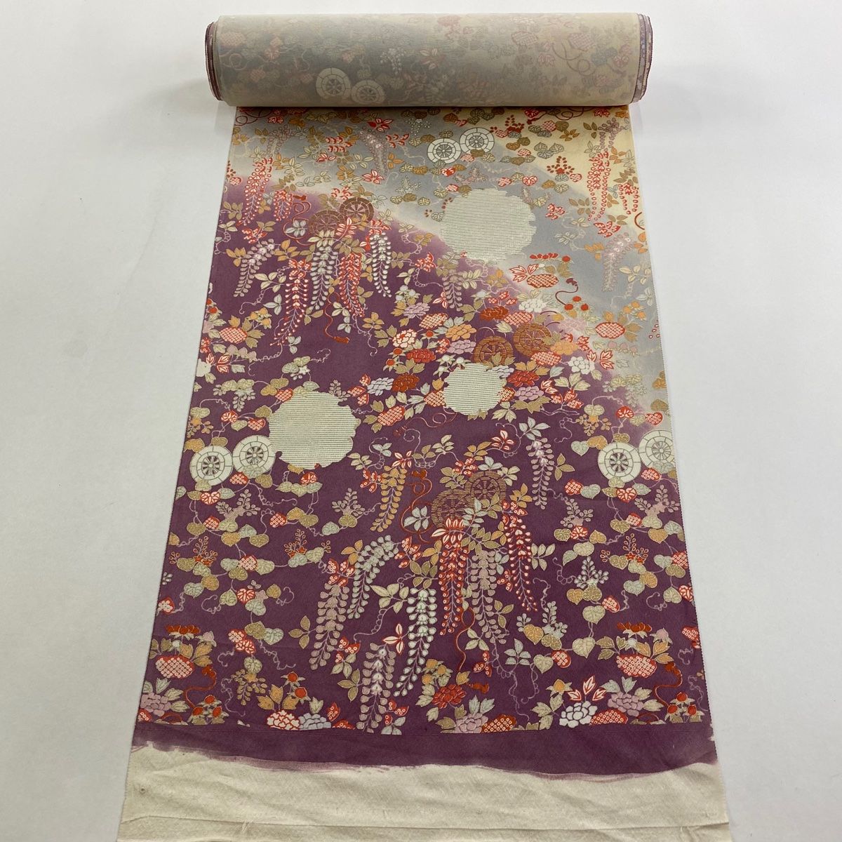 反物 秀品 付下げ 藤 源氏車 金銀彩 染め分け 紫 正絹