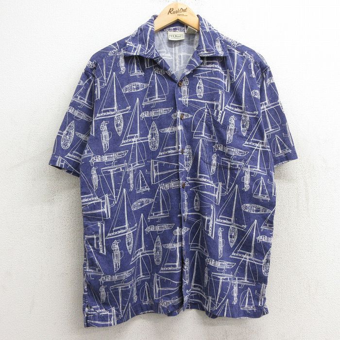 M/古着 エルエルビーン LLBEAN 半袖 ハワイアン シャツ メンズ 00s ヨット 総柄 開襟 オープンカラー 紫他 パープル 24jun11 中古 アロハ 