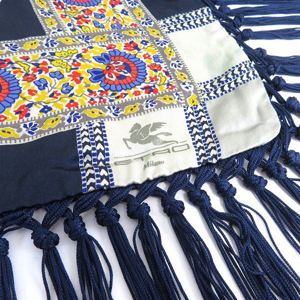ae エトロ ETRO フリンジ テーブルクロス 紺 マルチ シルク 絹 100