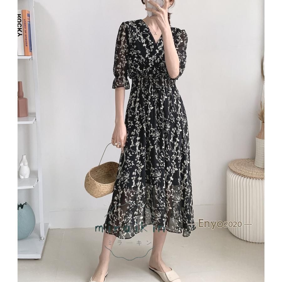 フレアワンピース 花柄 春夏 カシュクール風 レディース 上品 V