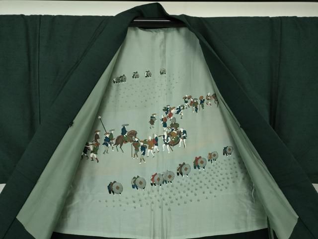 平和屋着物○男性 紬 アンサンブル 長羽織 色無地 深緑色 正絹 逸品