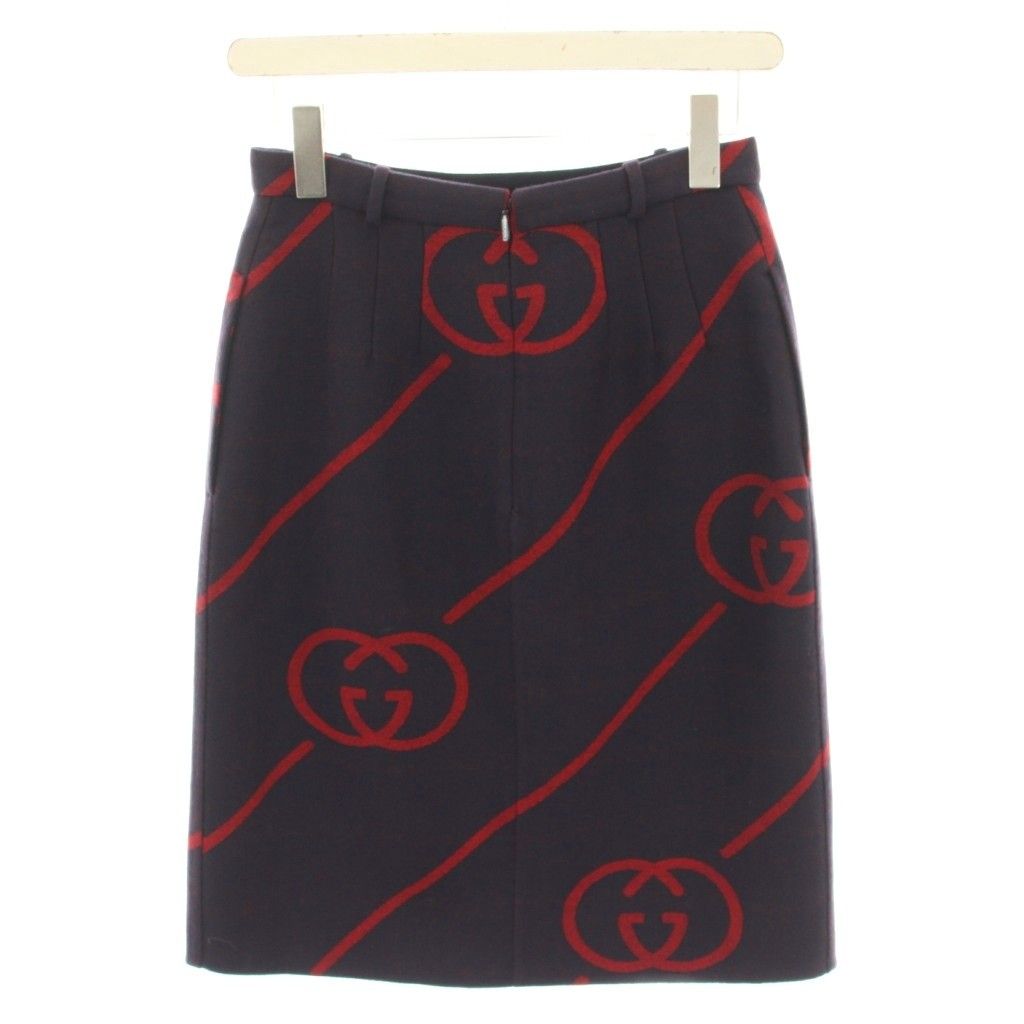 グッチ GUCCI インターロッキングGスカート ひざ丈 タイト 台形 ウール 絹 シルク混 38 紫 パープル 赤 レッド 577752 YT