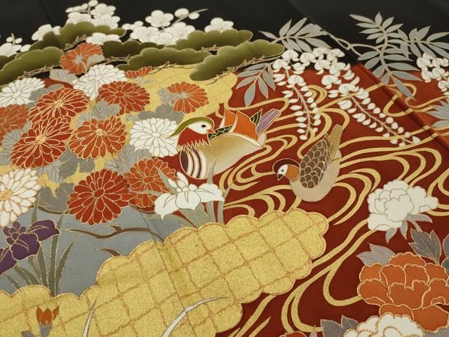 平和屋着物□豪華黒留袖 駒刺繍 流水鴛鴦花文 金彩 正絹 逸品