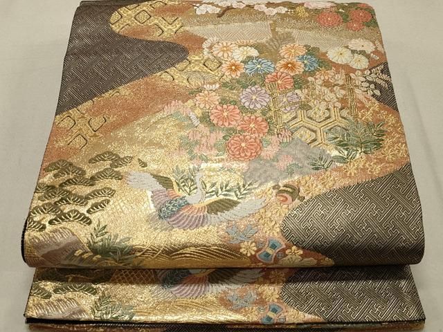 平和屋着物◎六通柄袋帯 エ霞吉祥飛鶴文 金糸 正絹 逸品
