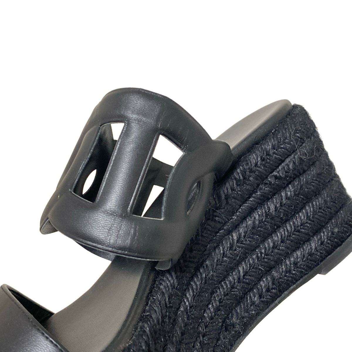 【全国送料無料】 HERMES エルメス ミュール 39 レディース エスパドリーユ 黒 イテア ウェッジソール リネン レザー 【人気急上昇】