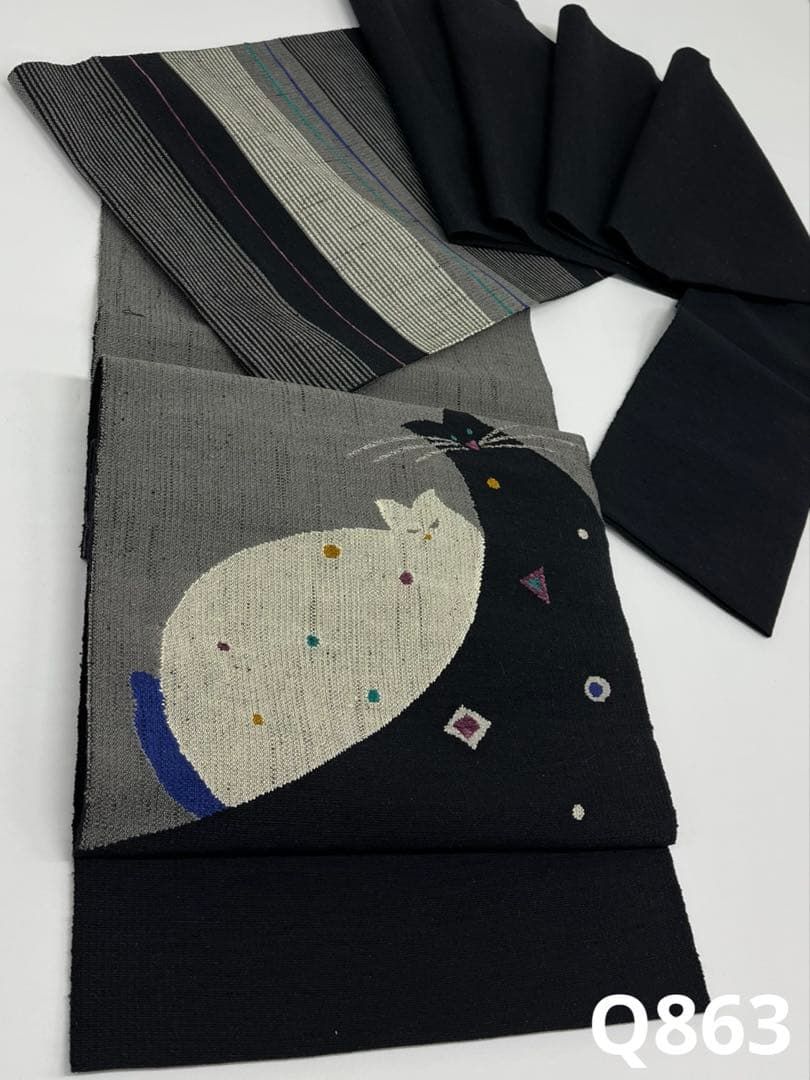 すくい織 ネコ 八寸名古屋帯 松葉仕立て ♥品 銀糸 正絹