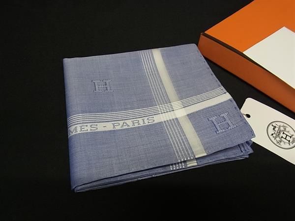HERMES エルメス Hレリーフ コットン100％ ハンカチ ハンカチーフ レディース ブルー系 FN0593