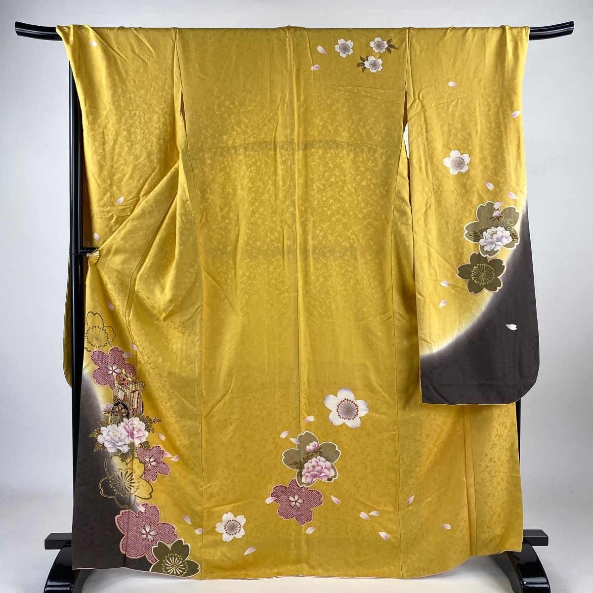 振袖 身丈167cm 裄丈70.5cm L 袷 桜 御所車 金彩 染め分け からし色 正絹 秀品