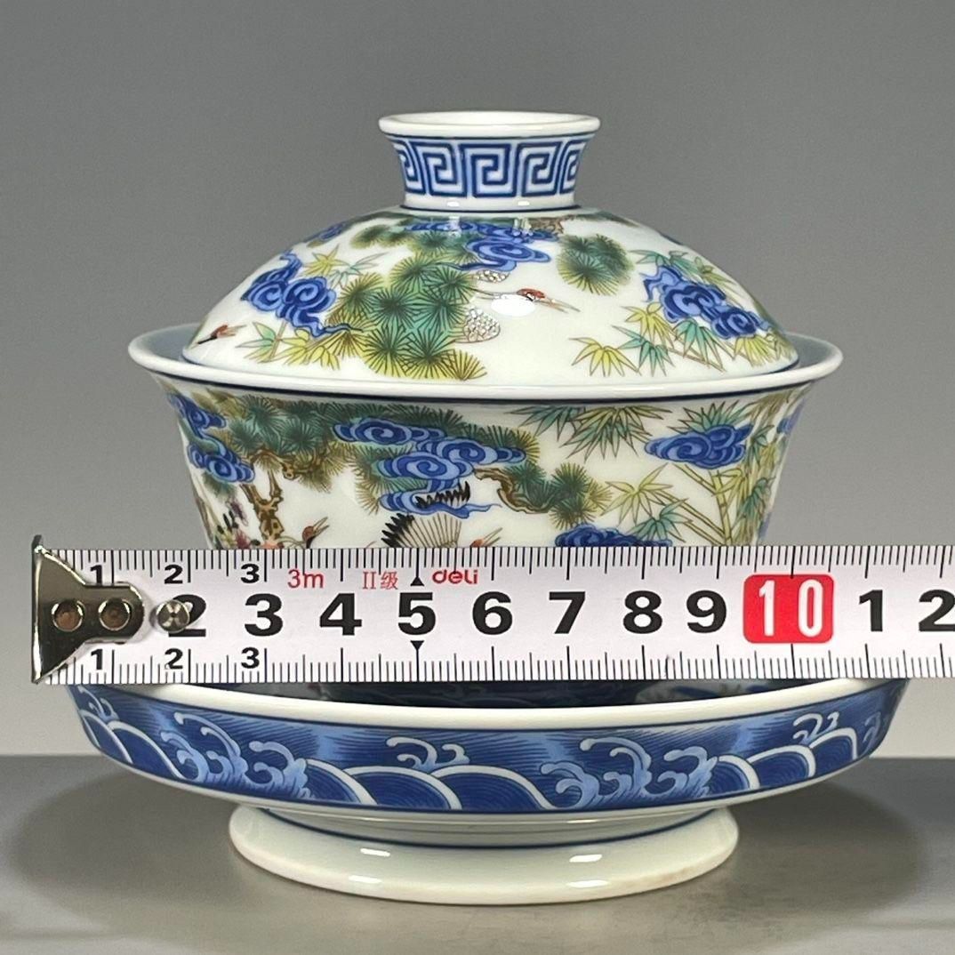 中国茶器 景德鎮 五色松鶴献寿図三才蓋碗 茶碗 新品未使用 楽天