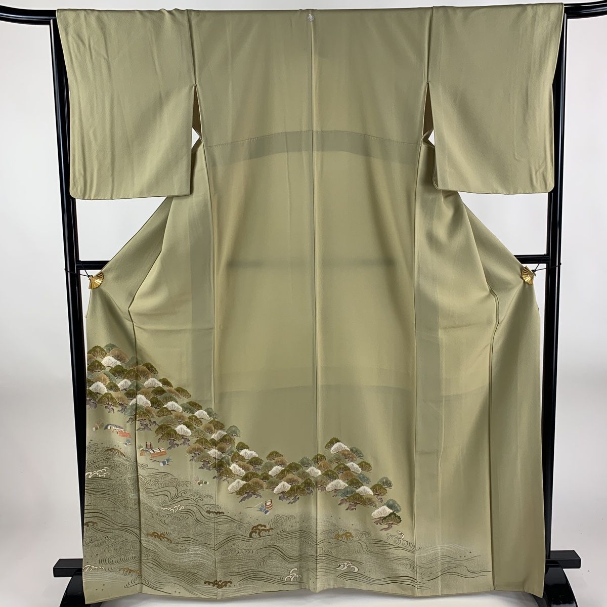 色留袖 身丈166.5cm 裄丈66cm M 袷 松 波 金彩 抹茶色 正絹 優品 一つ紋 【中古】