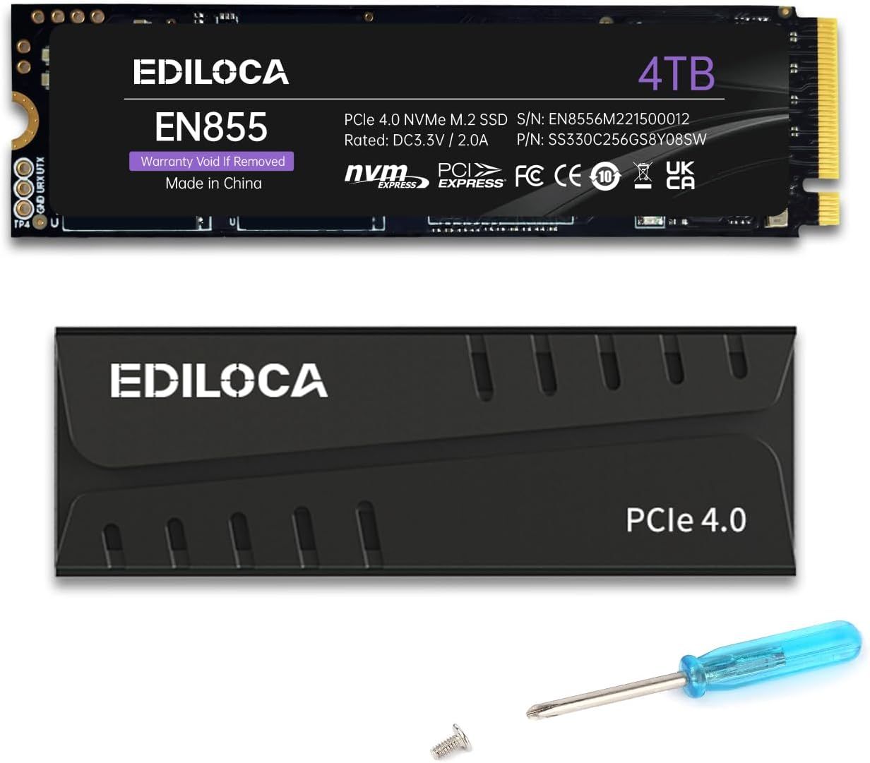 Ediloca EN855 SSD ヒートシンク付き 4TB PCIe Gen4x4 NVMe M.2 2280 PS5動作確認済み 最大読込: 7400MB/s 最大書き：6800MB/s 3D NAND TLC 内蔵SSD DRAM キャッシュ搭載