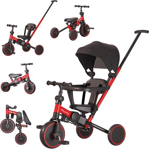 Bacany子供用三輪車7in1三輪車ステップ付き折りたたみ手押し棒おしゃれ1歳-6歳コンパクト自転車おもちゃ乗用玩具幼児用プレゼントおもちゃ調整 お祝いギフトシートベルト付き レッド