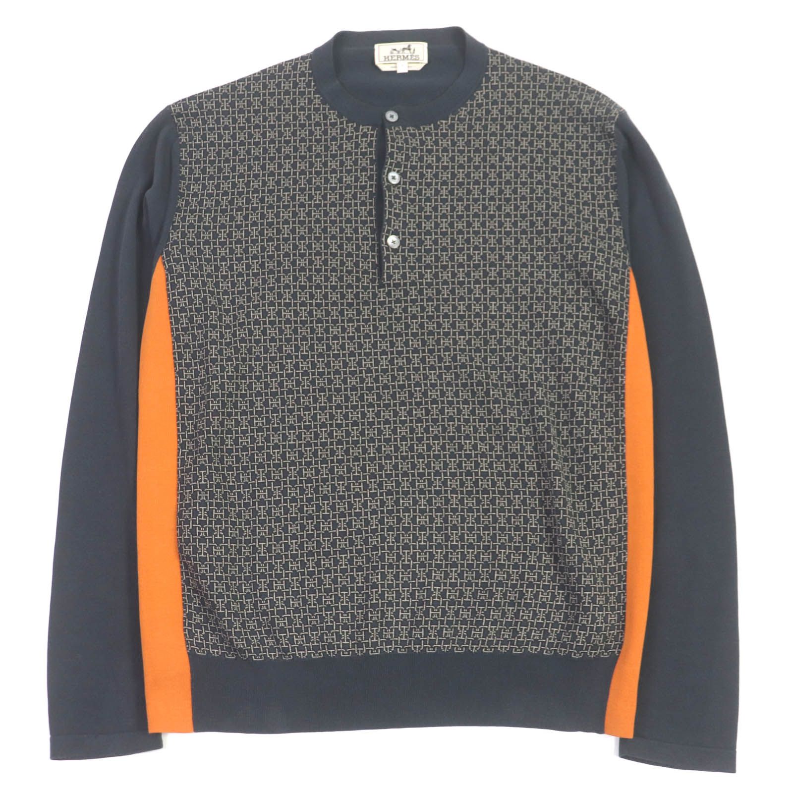 美品HERMES エルメス コットン100％ Hロゴ総柄 ヘンリ―ネック ロングスリーブニット セーター チャコール S イタリア製 正規品 メンズ