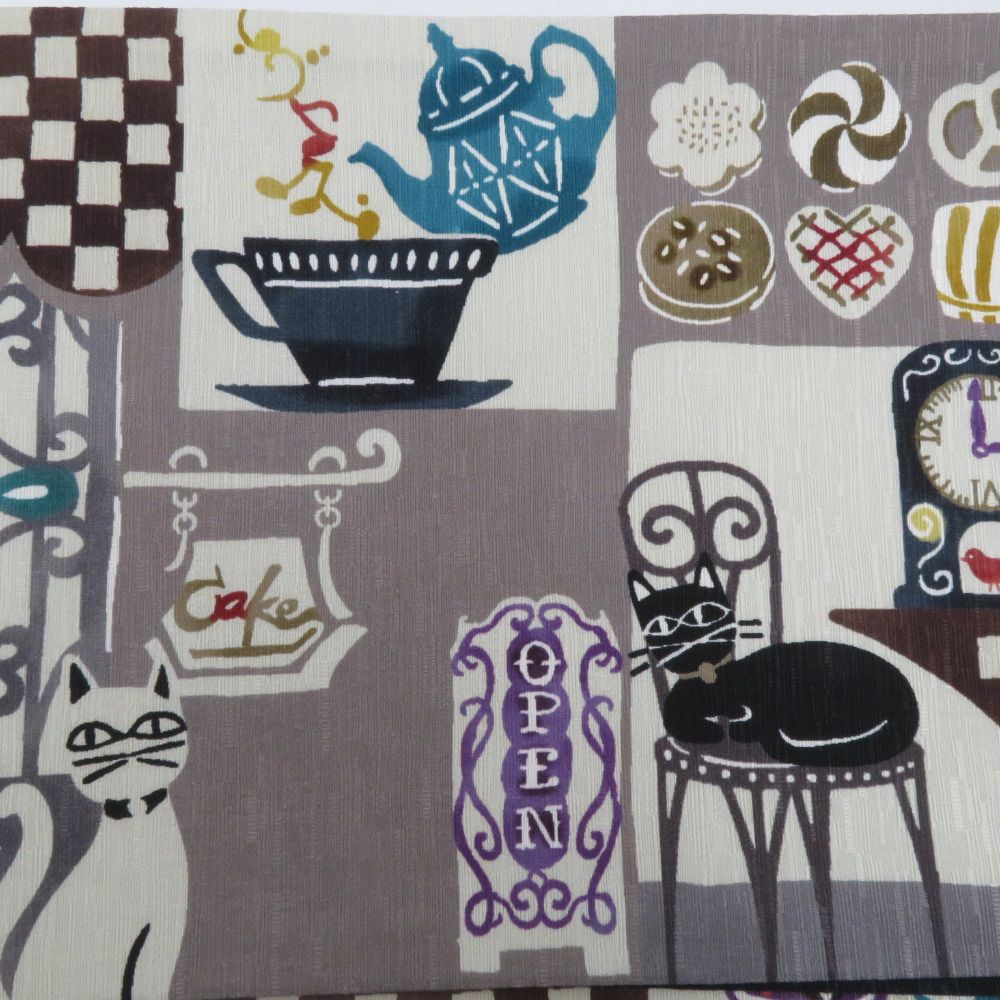 半幅帯 WAKKA ワッカ 猫カフェ クッキー柄 正絹 グレーxネイビー 半幅帯 WAKKA ワッカ 猫カフェ クッキー柄 正絹 グレーxネイビー