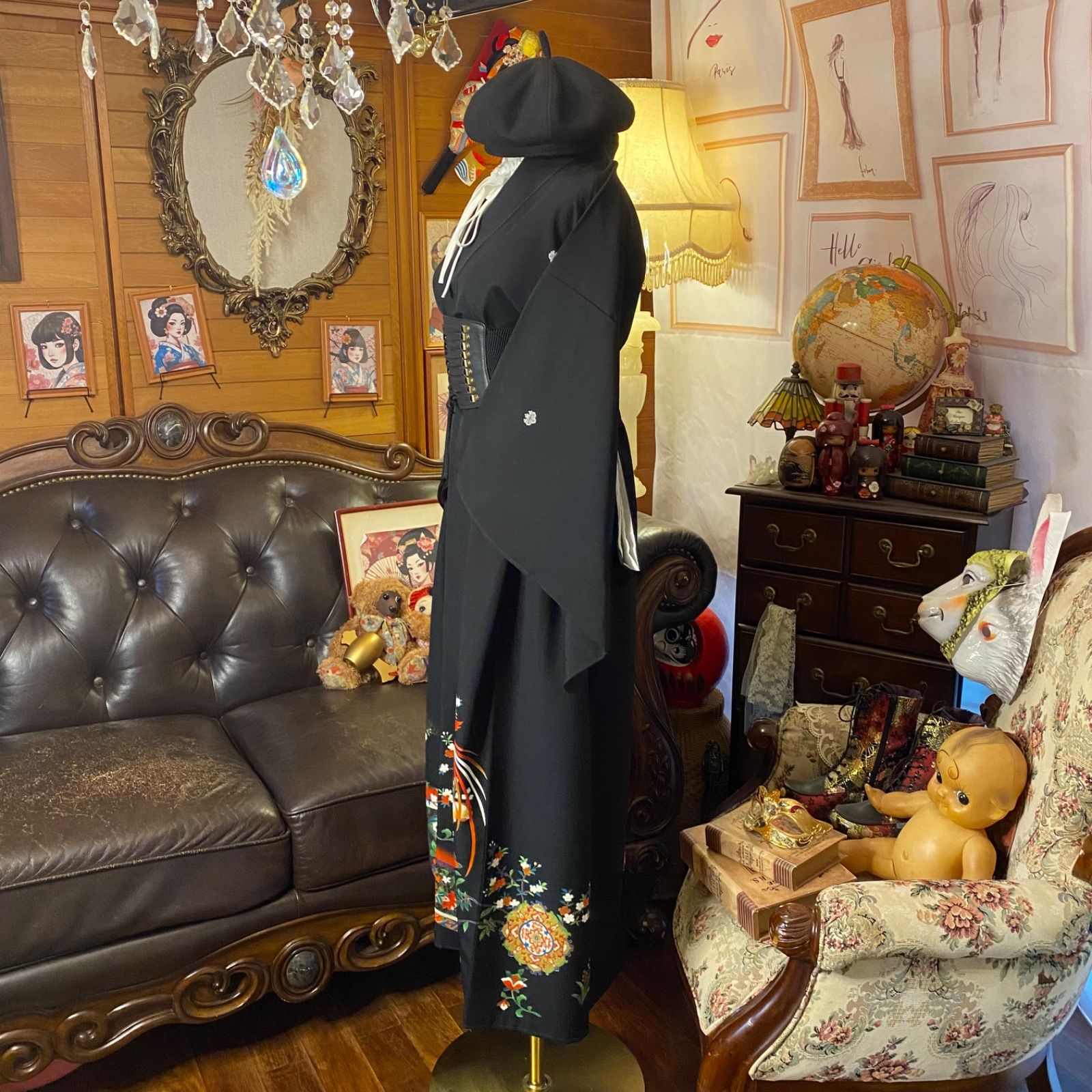 和洋折衷 黒留袖 着物 リメイク ワンピース ドレス 洗える 化繊  