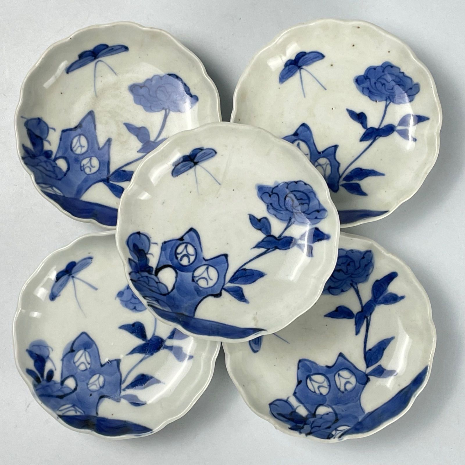 690 染付 花 蝶 古伊万里 伊万里焼 骨董 アンティーク 小皿 5枚セット