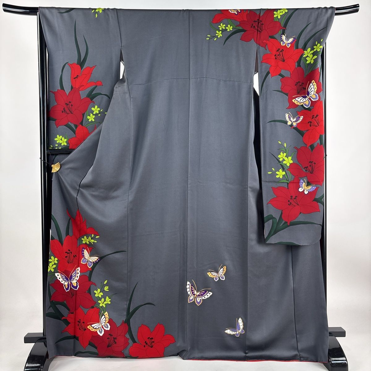 振袖 身丈168cm 最高 裄丈68cm L 袷 桜 蝶 金銀彩 縮緬 赤茶 正絹 名品