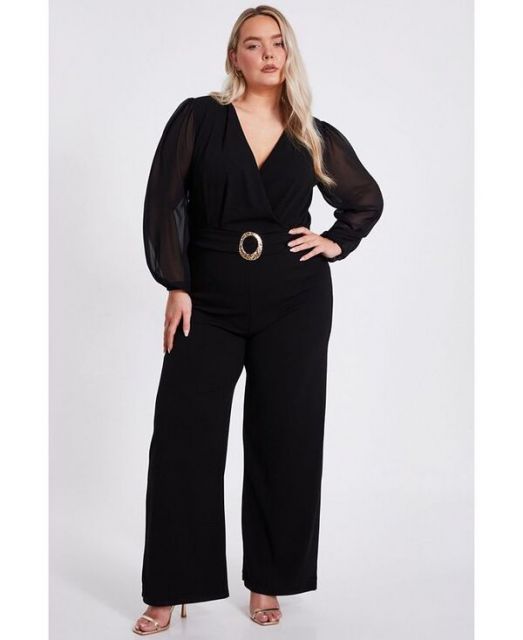 【送料無料】 クイズ レディース ジャンプスーツ トップス Plus Size Chiffon Wrap Buckle Jumpsuit Black