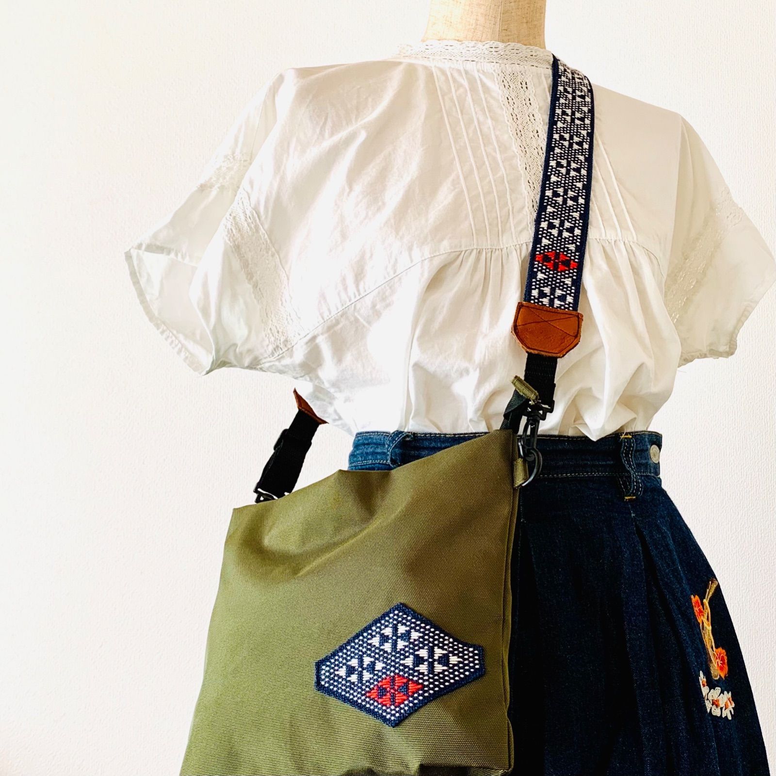 こぎん刺しサコッシュ鶯そろばん【ショルダーバック☺︎刺繍